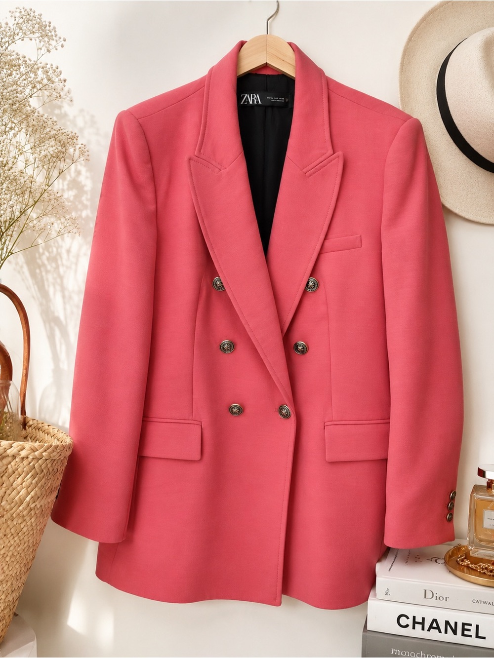 Zara Double-Breasted Pink- Coral Blazer | Gold Crest Buttons | XL